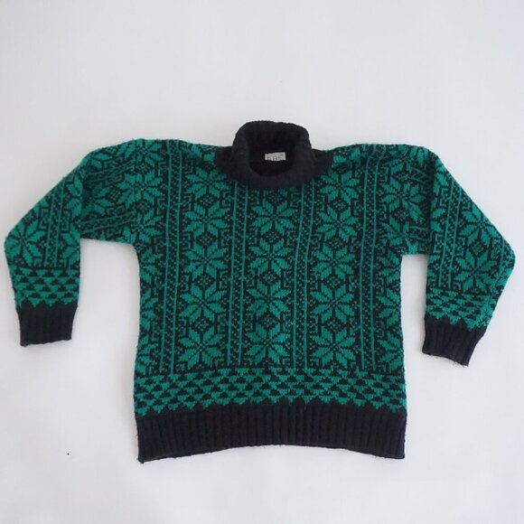 Vintage Fabe Green Black Wool Blend Floral Turtleneck Knit Sweater M - Picture 1 of 10